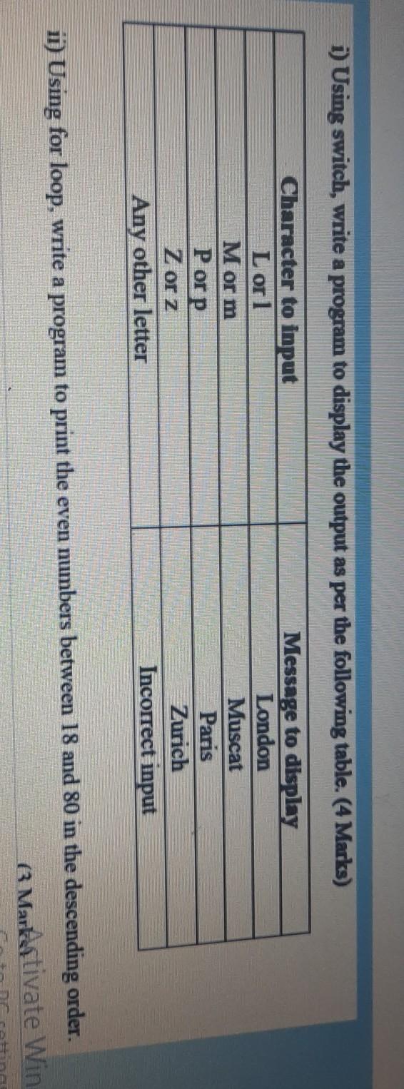 1) Using switch, write a program to display the output as per