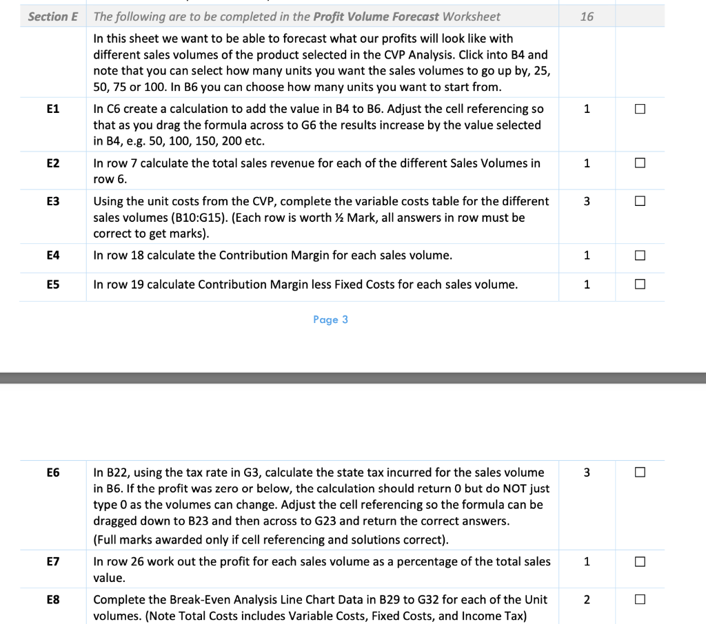 Please provide all formulas for cells E1-E8. Cells B25 and B6 are