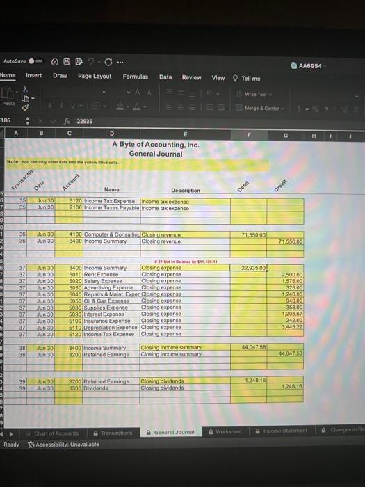 Accounting, Inc. General Joumal AAs954 Insert Draw PageLayout Formulas Data Revlew View