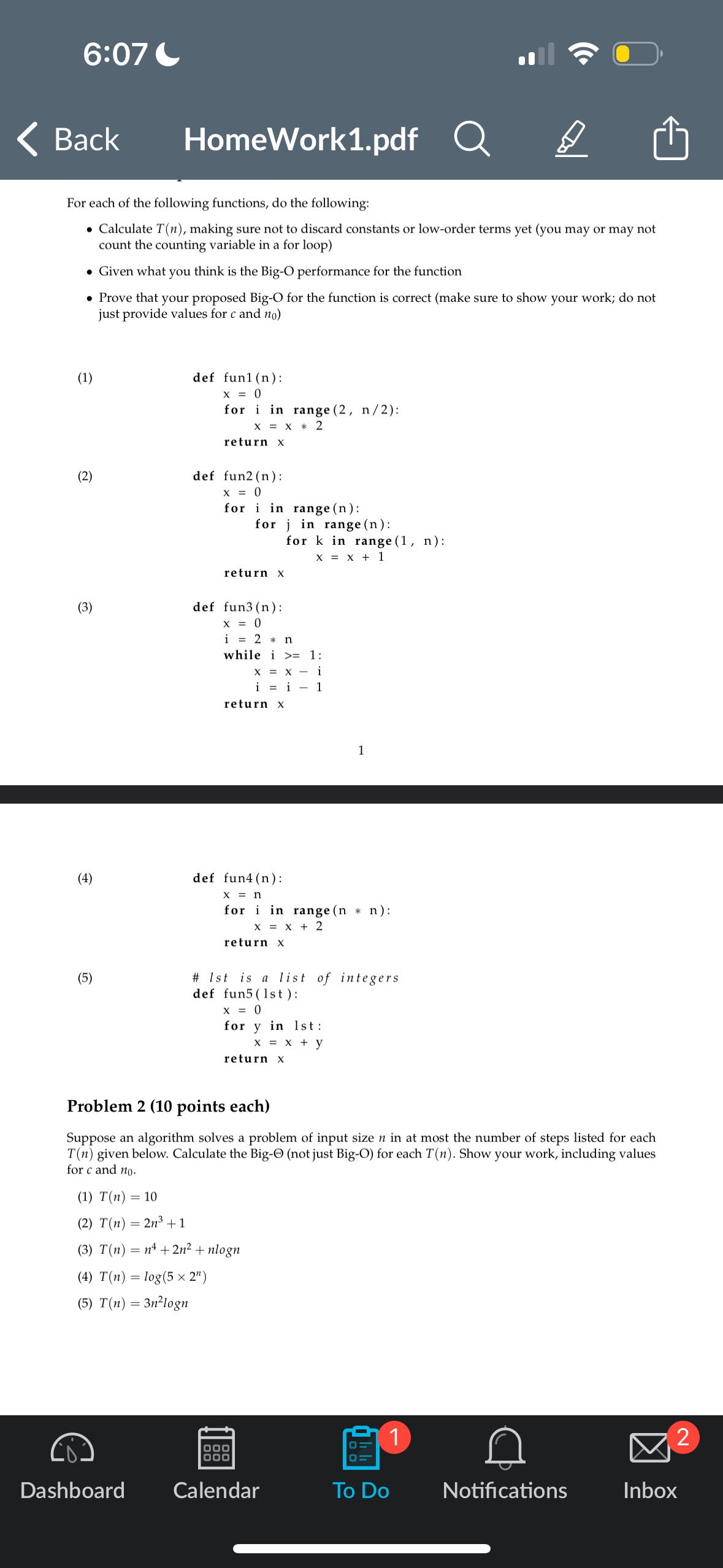  6:07 C Back HomeWork1.pdf For each of the following functions, do
