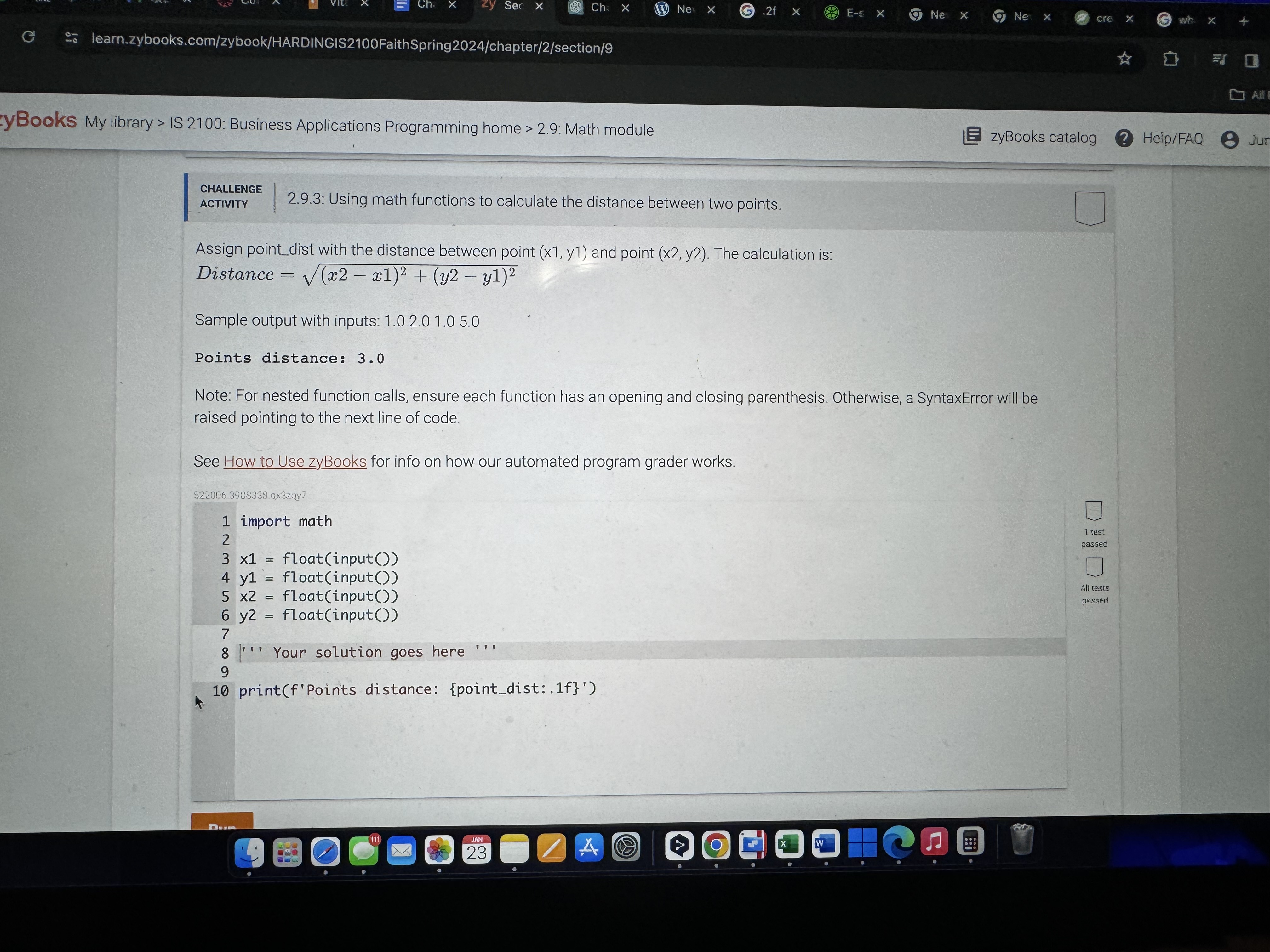  2.9.3: Using math functions to calculate the distance between two points.
