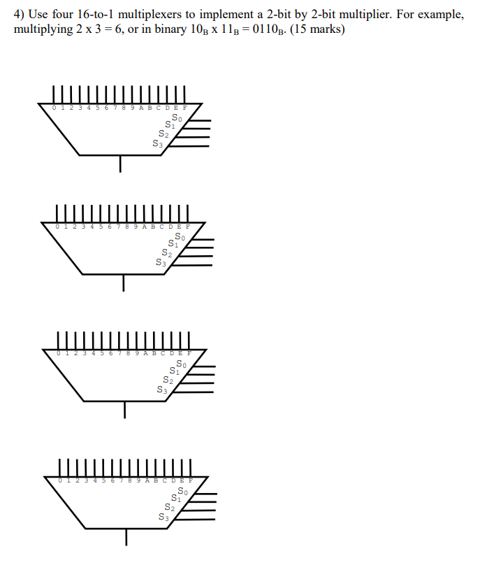  4) Use four 16-to-1 multiplexers to implement a 2-bit by 2-bit