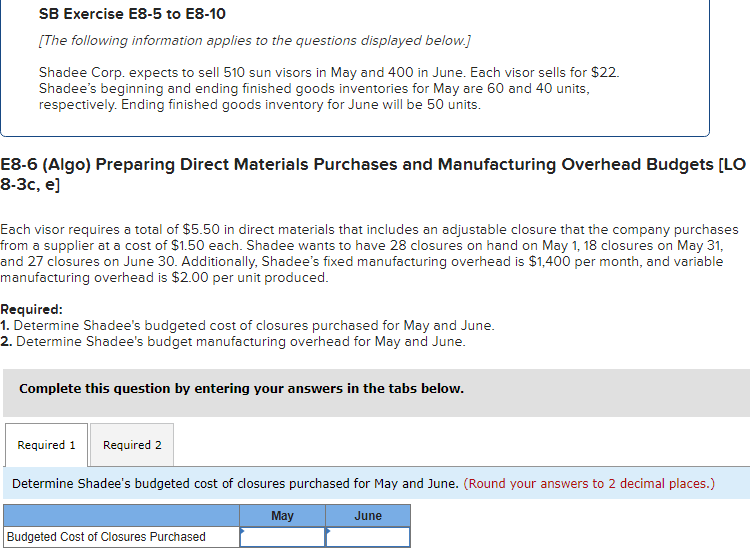 questions displayed below.] Shadee Corp. expects to sell 510 sun visors in