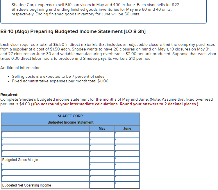 (Algo) Calculating Sales and Production Budgets [LO 8-3a, b] Required: 1. Determine