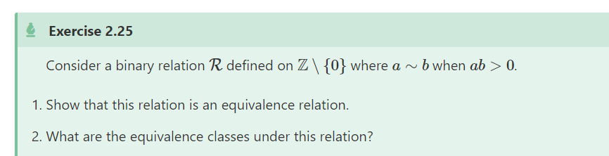  Consider a binary relation R defined on Z\{0} where ab when