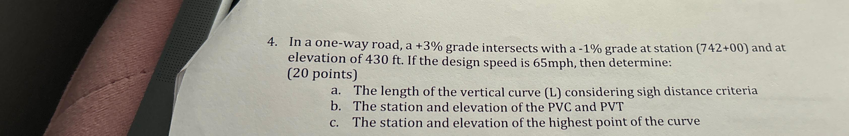 In a one-way road, a+3% grade intersects with a-1% grade at