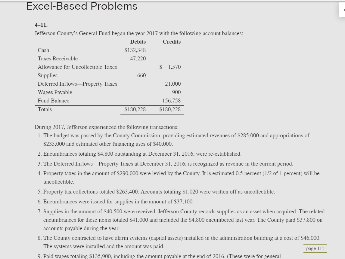 Excel-Based Problems 4-11. Jefferson County's General Fund began the year 2017