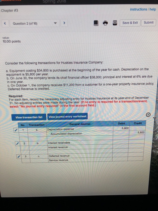  Spring 2018 Chapter #3 instructions I help Question 2 (of 16)