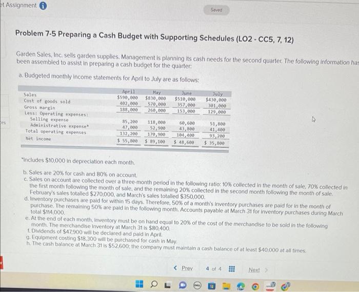  et Assignment i Seved Problem 7-5 Preparing a Cash Budget with