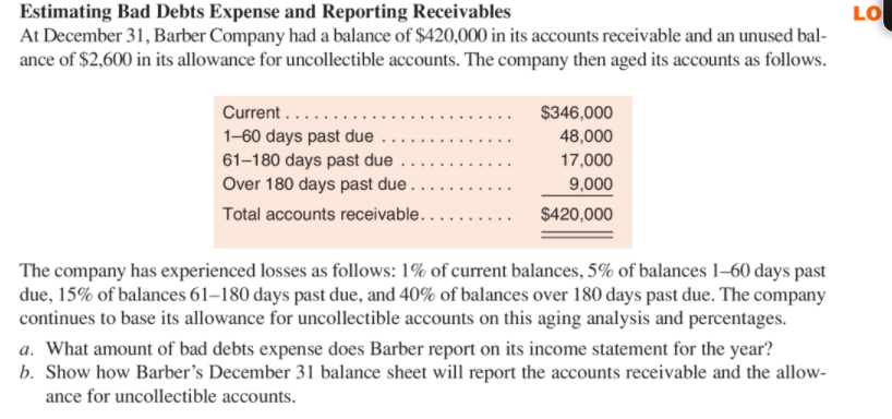  LO Estimating Bad Debts Expense and Reporting Receivables At December 31,