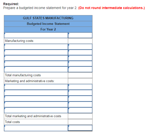 round intermediate calculations.) GULF STATES MANUFACTURING Budgeted Income Statement For Year 2