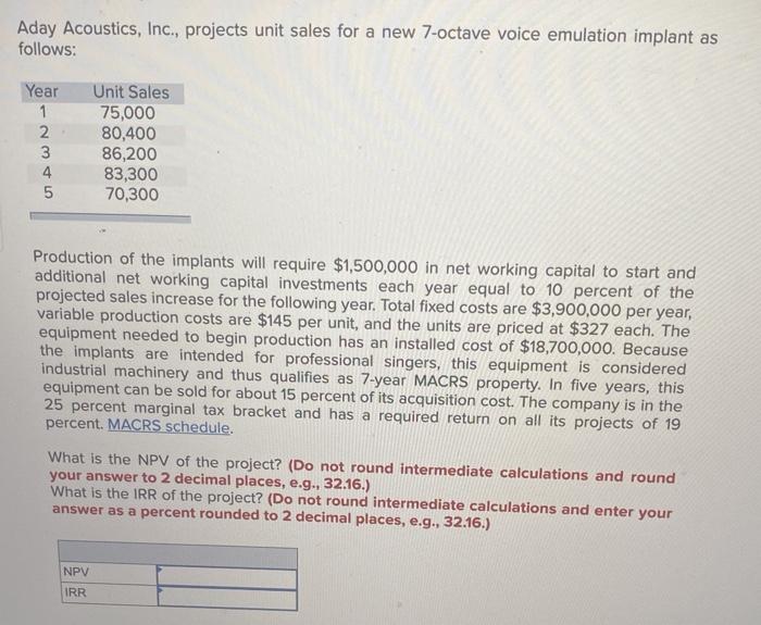  Aday Acoustics, Inc., projects unit sales for a new 7-octave voice