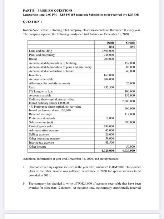 please urgent. tqvm PART B - PROBLEM QUESTIONS Answering time: 3.00 PM