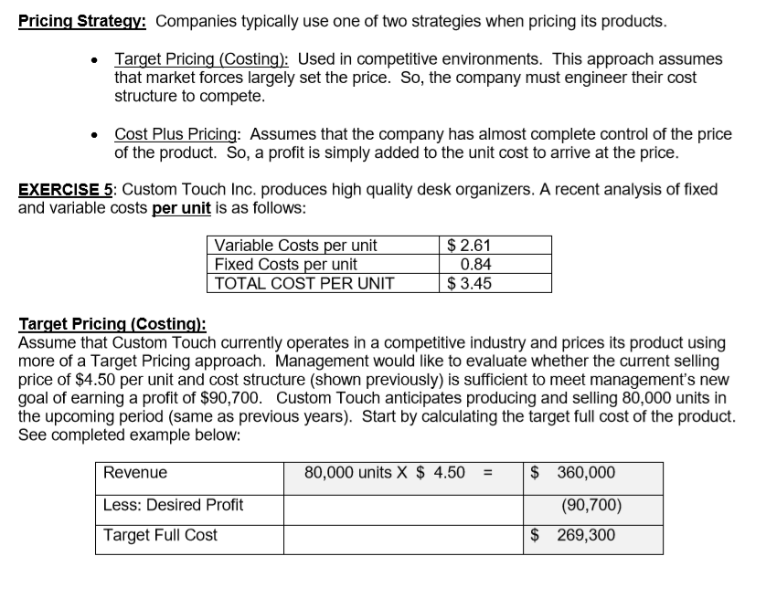 e) After completing Exercise 5, what is the Target Variable Cost