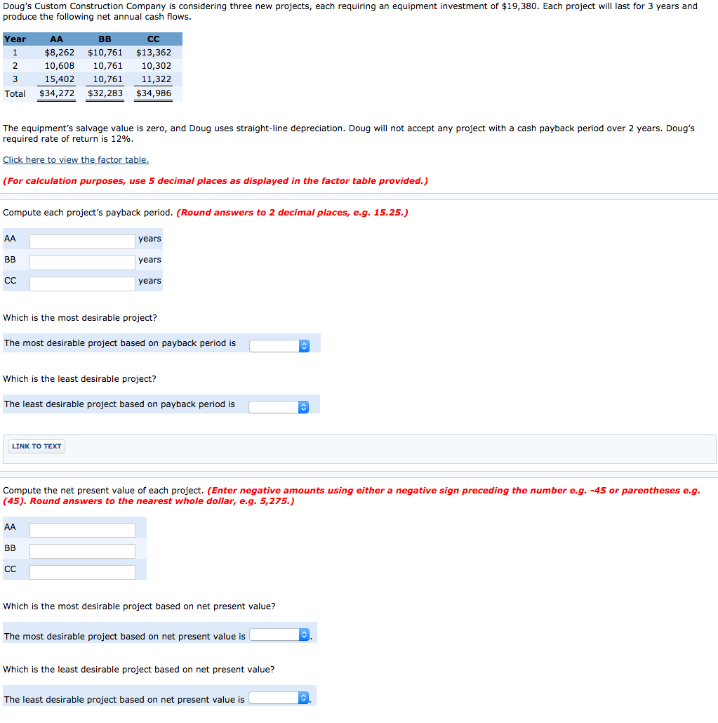  Doug's Custom Construction Company is considering three new projects, each requiring