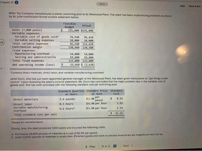  Chapter 10 Saved Help Save & Exit Miller Toy Company manufactures