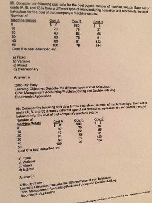  5. Consider the following cost data for the cost object, number