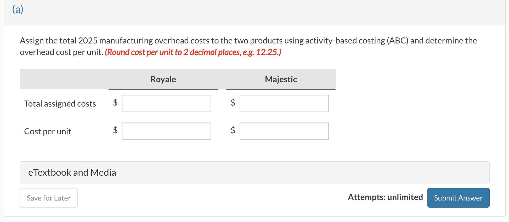 The production cost computed per unit under traditional costing for each model