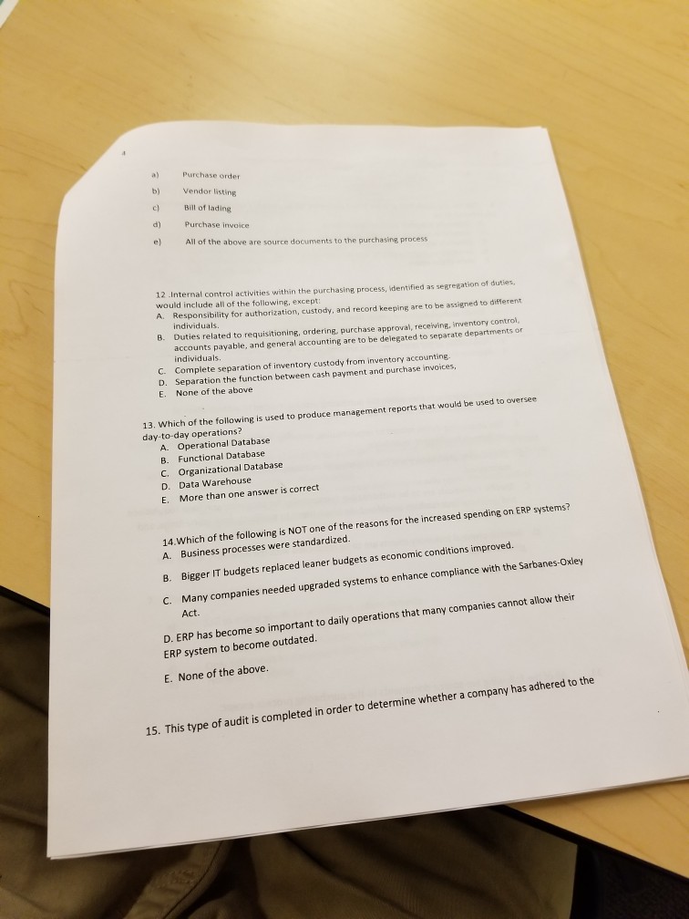 a) b) c) d) e) Purchase order Vendor listing Bill of