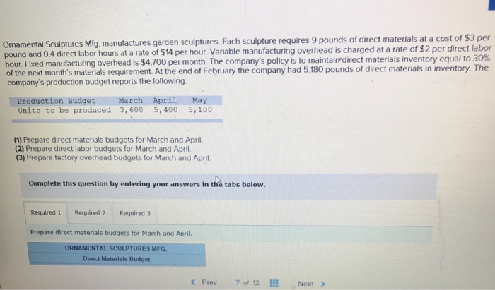 Prepare direct materials for March & April Prepare direct labor budgets
