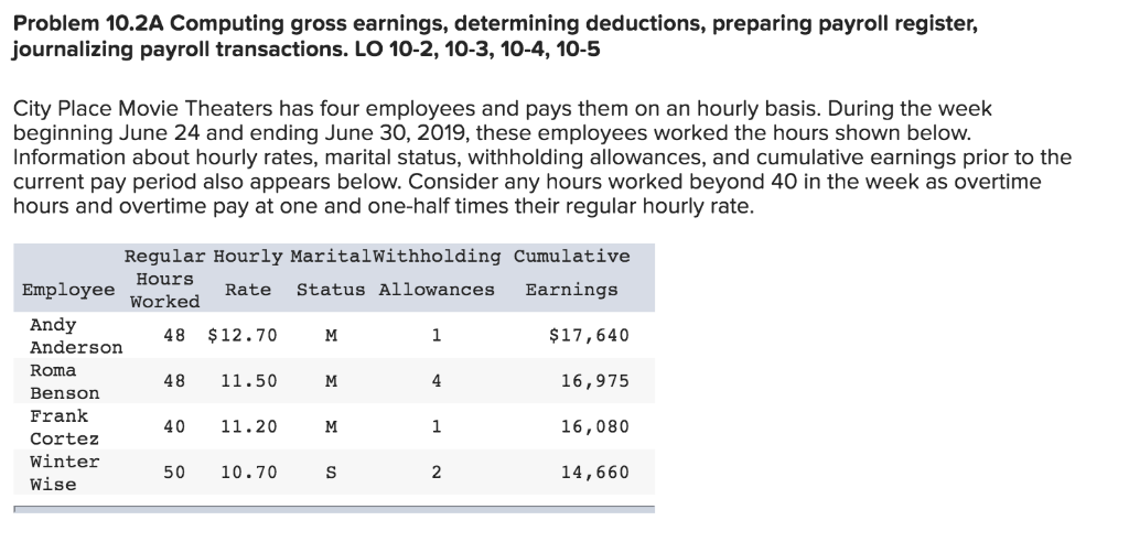  Problem 10.2A Computing gross earnings, determining deductions, preparing payroll register, journalizing
