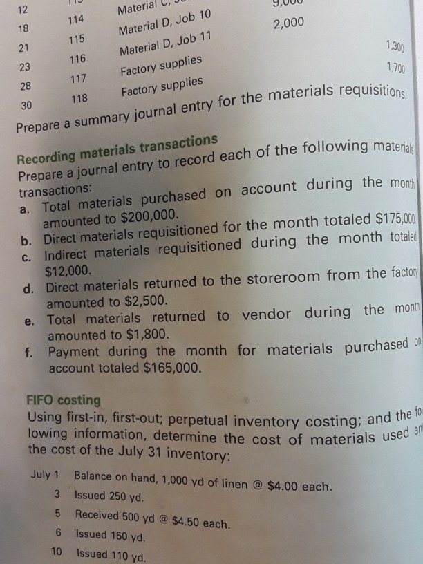  Material C, . Material D, Job 10 Material D, Job 11