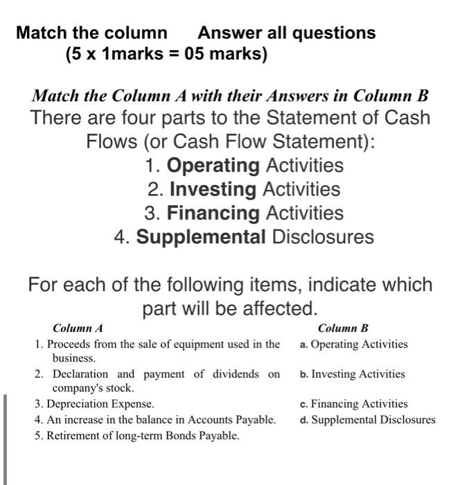  Match the column Answer all questions (5 x 1marks = 05