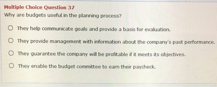  Multiple Choice Question 37 Why are budgets useful in the planning