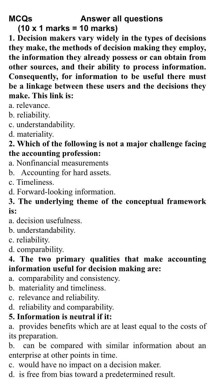  MCQs Answer all questions (10 x 1 marks = 10 marks)