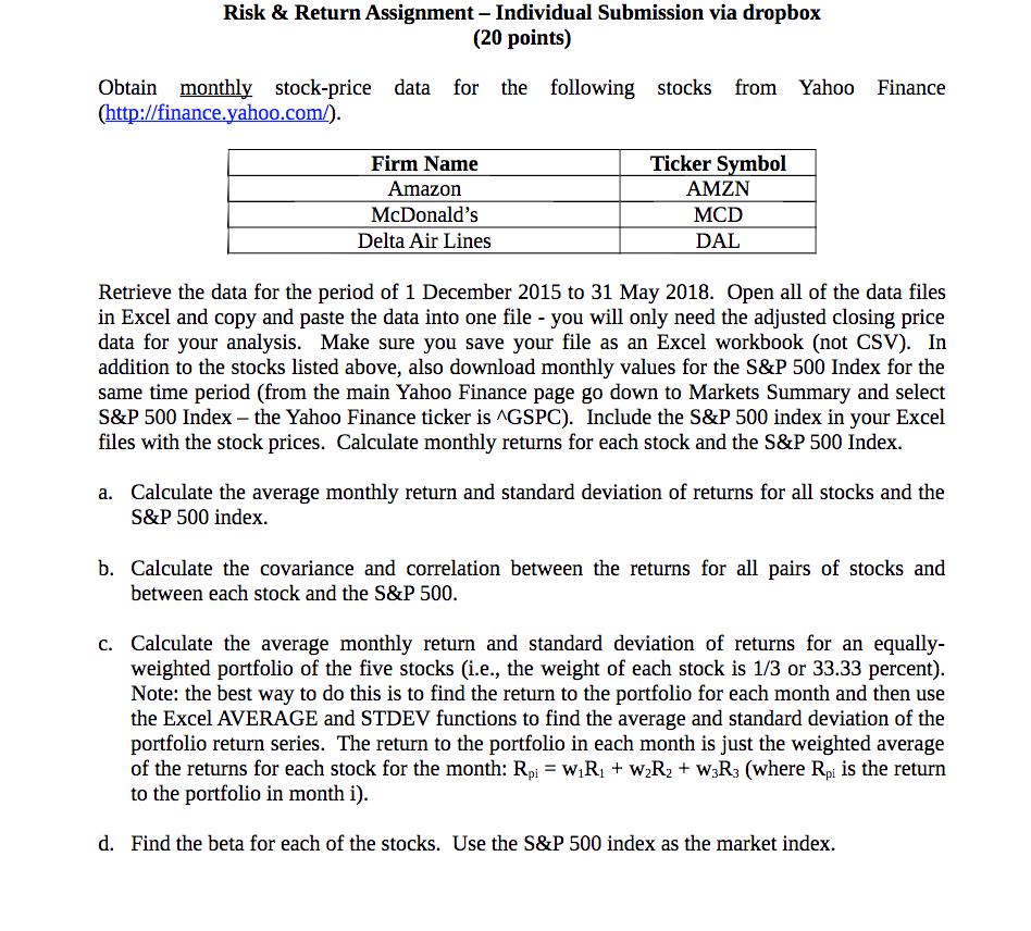  Risk & Return Assignment - Individual Submission via dropbox (20 points)