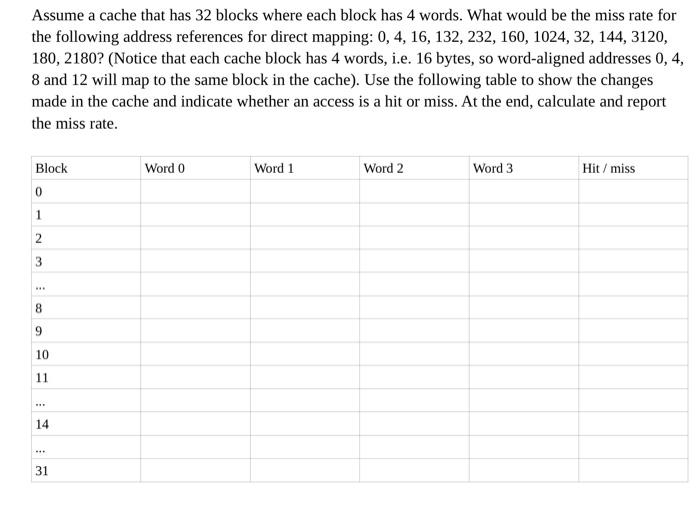  Assume a cache that has 32 blocks where each block has