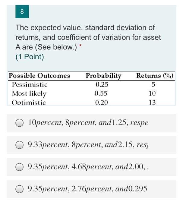  8 The expected value, standard deviation of returns, and coefficient of