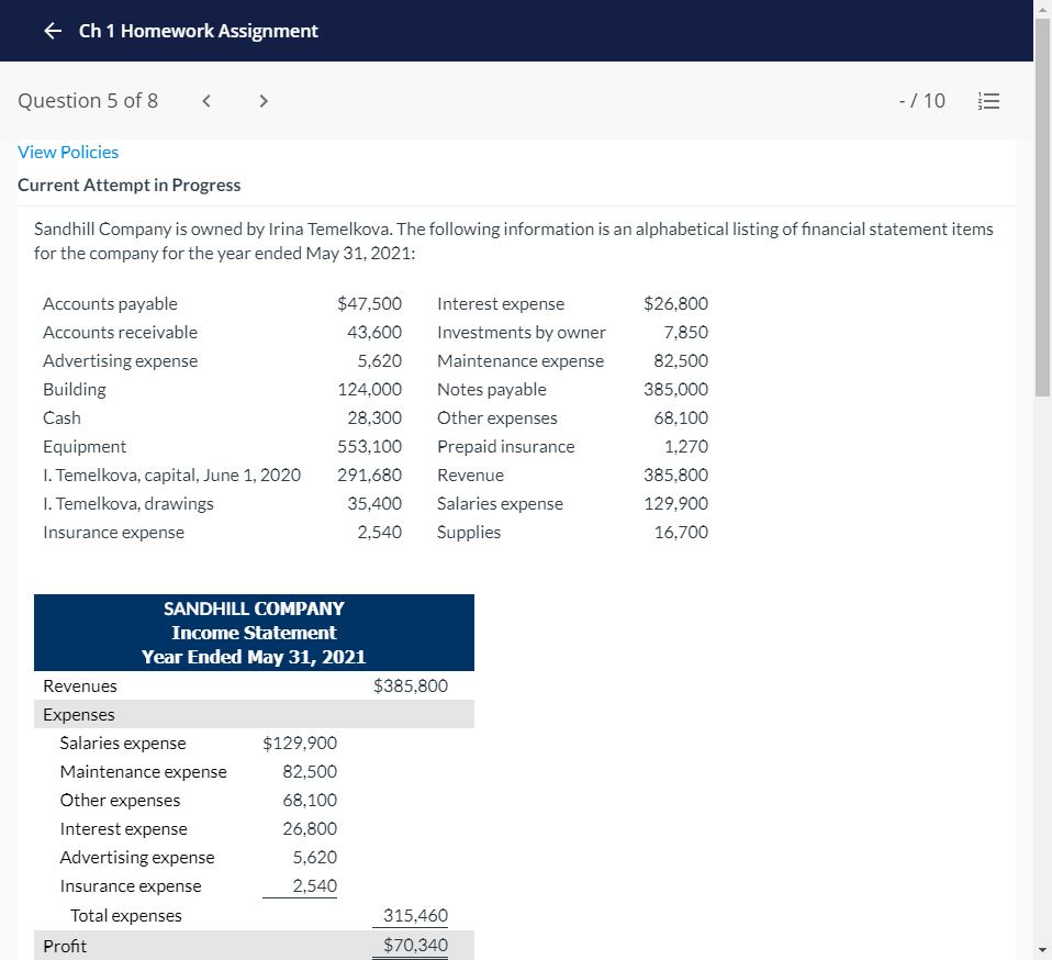  + Ch 1 Homework Assignment Question 5 of 8 - /