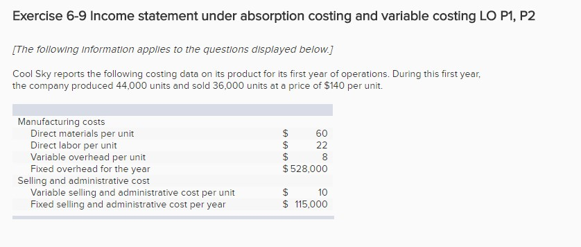  Exercise 6-9 Income statement under absorption costing and variable costing LO
