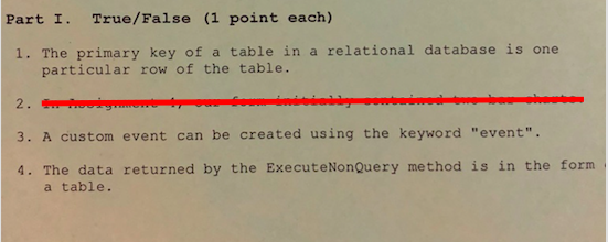  C# Part I. True/False (1 point each) 1. The primary key