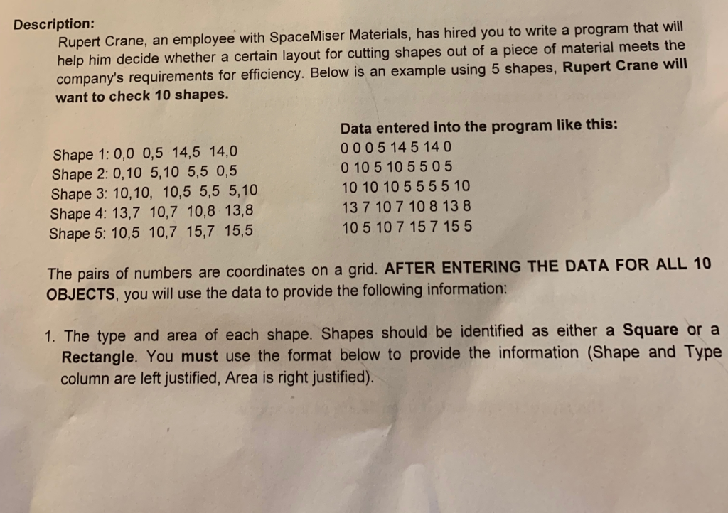 C++ Program. Description: Rupert Crane, an employee with SpaceMiser Materials, has hired