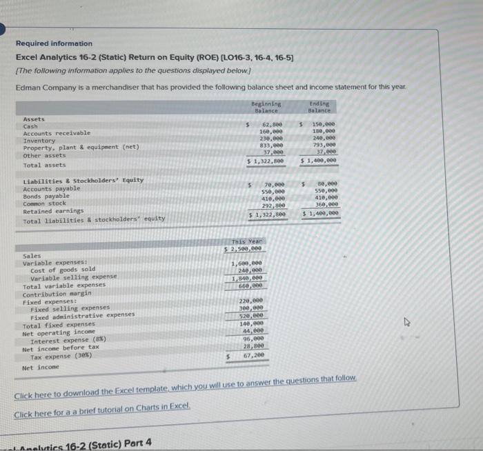Please help me solve this? Required information Excel Analytics 16-2 (Static) Return