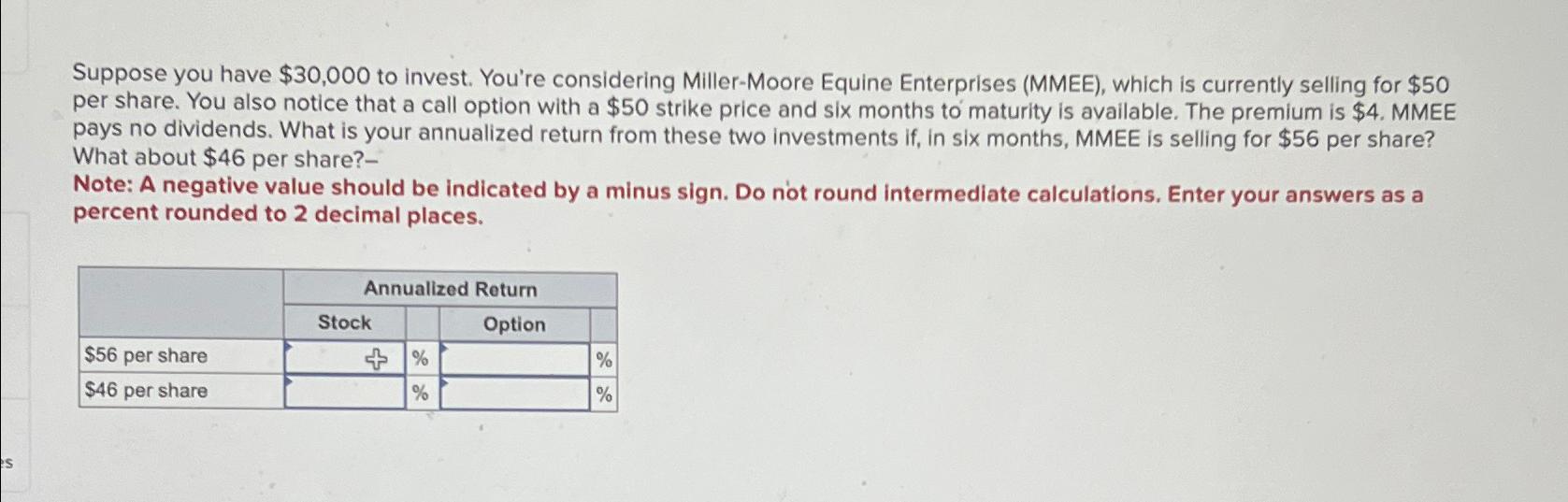  Suppose you have $30,000 to invest. You're considering Miller-Moore Equine Enterprises