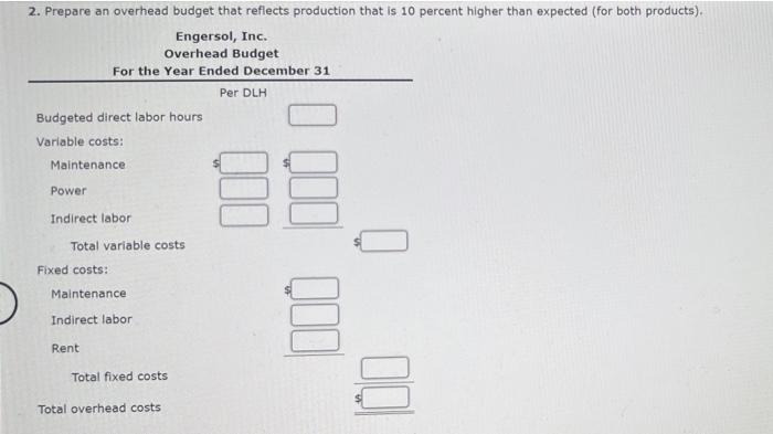 fer the coming veas 2. Prepare an overhead budget that reflects production