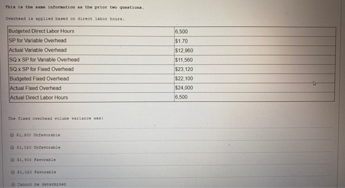  This is the same information as the prior two questions. Overhead
