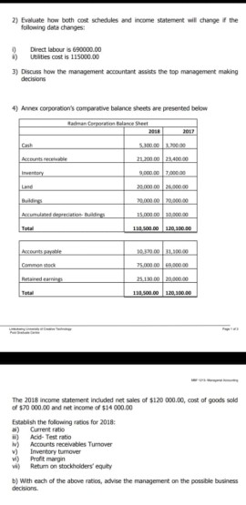 2) Evaluate how both cost schedules and income statement will change