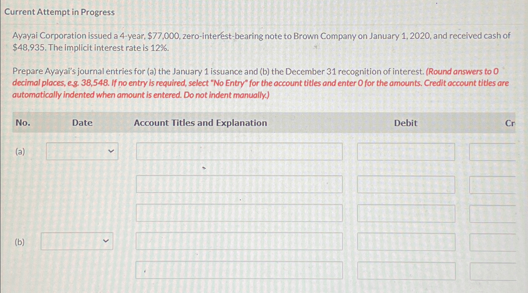  Current Attempt in Progress Ayayai Corporation issued a 4-year, $77,000, zero-interest-bearing