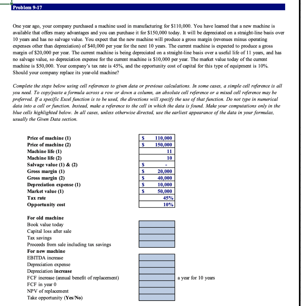 Solve this whole question. Problem 9-17 One year ago, your company purchased
