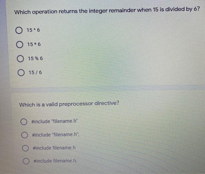  Which operation returns the integer remainder when 15 is divided by