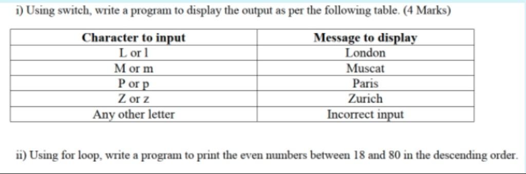  1) Using switch, write a program to display the output as