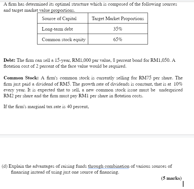with working A firm has determined its optimal structure which is