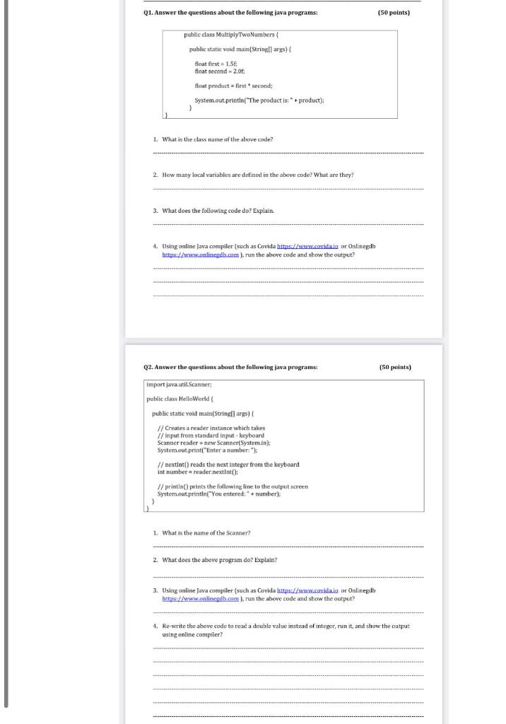  Q1. Answer the questions about the following java programs: (50 points)