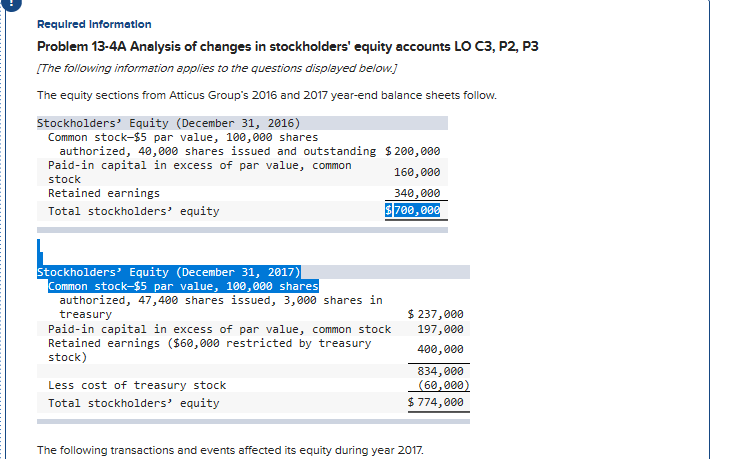  Requlred Information Problem 13-4A Analysis of changes in stockholders' equity accounts