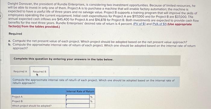 return to evaluate investment opportunities LO 16-2, 16-3 Dwight Donovan, the president