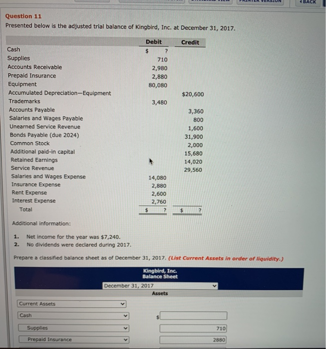  BACK Question 11 Presented below is the adjusted trial balance of